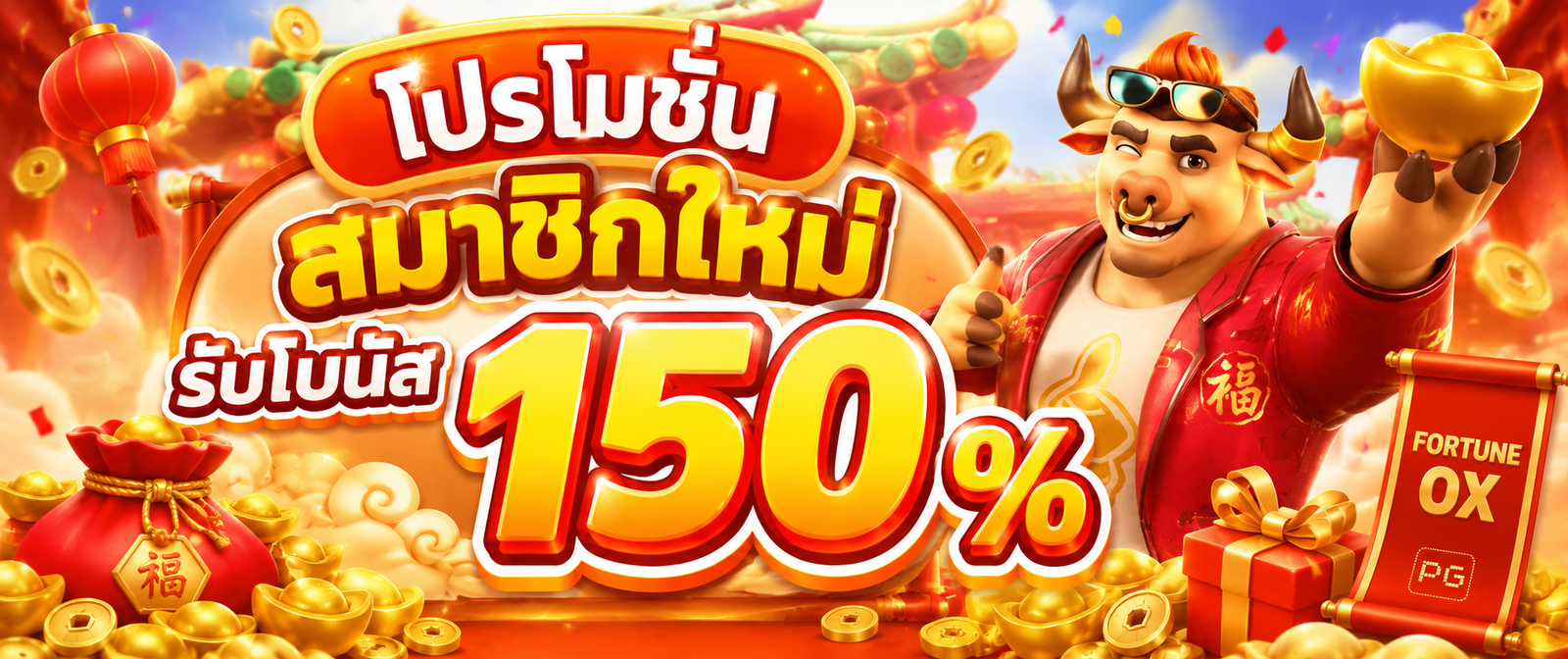 แบนเนอร์โปรโมชั่นสมาชิกใหม่ WINK777PLUS รับโบนัส 150% พร้อมตัวละคร Fortune Ox เหรียญทอง ถุงนำโชค และของขวัญธีมสีแดงทอง